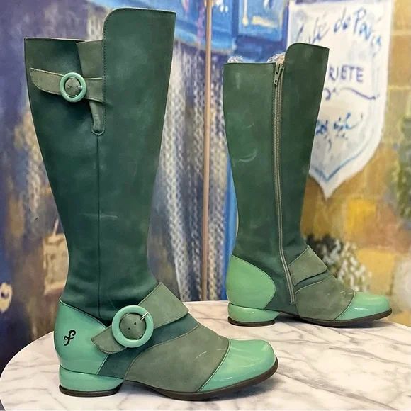 John Fluevog Fellowship Carol Tall Leather Buckle Zip Boots Green 7.5 GUC - Picture 2 of 10